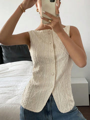 Women Sleeveless Texture Single Breasted Casual Shirt
