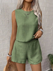Women Solid Color Sleeveless Top And Shorts Set