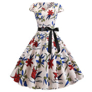 Retro Women Half-open Collar Covered Sleeve Full-body Printed Big Swing Dress