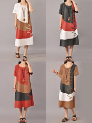 s-5xl-casual-short-sleeve-splice-loose-o-neck-mid-long-women