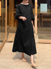 Women Solid Color O-Neck Puff Sleeves Swing Casual Maxi Dress