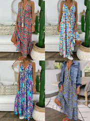 sleeveless-straps-floral-print-elastic-waist-summer-holiday