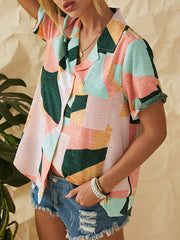 Geometric Printed Lapel Short Sleeve Button Down Casual Blouse For Women