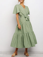 Polka Dot V-neck Short Sleeve Casual Belt Women Midi Dress