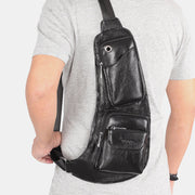 Men Solid Genuine Leather Headphone Plug Crossbody Bag Chest Bag Sling Bag
