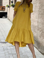 cotton-pure-color-ruffles-round-neck-short-sleeve-casual