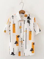Women Abstract Tree Painted Lapel Collar Loose Casual Shirts