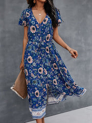 Flower Button Drawstring V-neck Short Sleeve Print Women Midi Dress