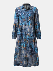 Vintage Graffiti Print Button Long Sleeve Casual Shirt Women Midi Dress
