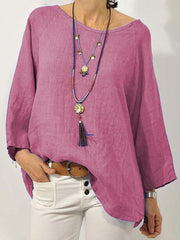 S-5XL Women Pure Color Linen Loose Long Sleeve Blouse