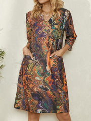 Women Multi-Color Vintage Print 3/4 Sleeve V-Neck Dress With Pocket