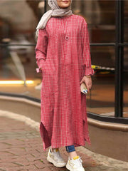 Vintage Plaid Print Split Loose Kaftan Tunic Pockets Women Maxi Dress