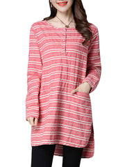 Casual Stripe O-Neck Long Sleeve Loose Split Women Dress