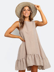 Elegant Women Midi Dresses Sleeveless Check Crew Neck Ruffle Dress