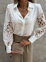 Sexy Lace Hollow Out Women Blouse White Long Sleeve Shirt
