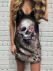 skull-print-black-sleeveless-v-neck-summer-women-midi-dress