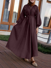vintage-pure-color-o-neck-lace-up-button-back-long-sleeve