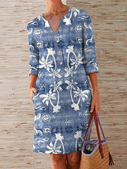 Floral Print Notched Neckline Half Sleeve Casual Women Midi Dress