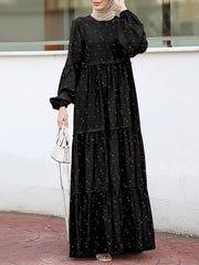 Floral Print Tiered Round Neck Button Back Casual Puff Sleeve Women Maxi Dress