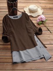 M-5XL Irregular Plaid Patchwork O-neck Long Sleeve Blouse for Women