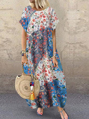 Retro O-neck Multicolor Floral Print Short Sleeve Loose Holiday Baggy Pocket Women Maxi Dress