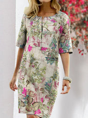 Vintage Cotton Floral Plant Print O-neck Half Sleeve Split Casual Women Midi Dress