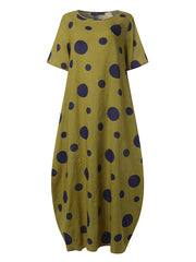 Polka Dot Print O-neck Loose Bohemian Long Women Maxi Dress