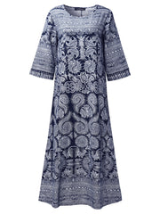 Loose Retro Printing 3/4 Sleeve Women Maxi Dress