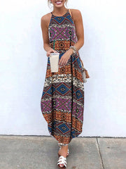 S-5xl Casual Print Sleeveless Strap Women Maxi Dress