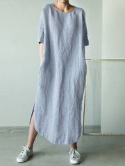 Women Cotton Solid Color Loose Half Sleeve Side Pockets Dress