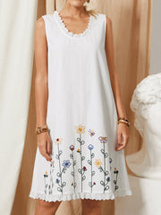 Vintage Flower Embroidery Lace Stitching Sleeveless Casual Women Midi Dress