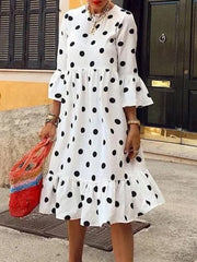 Polka Dot Print Pleating Casual Irregular Hem Women Midi Dress