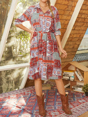 Bohemia Ethnic Style Colorblock Print Lapel Long Sleeve Shirt Women Midi Dress