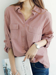 Women Lapel Buttons Fold Sleeve Casual Loose Blouse