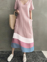 Women Cotton Contrast Color Stripe Print V-neck Side Pocket Maxi Dress
