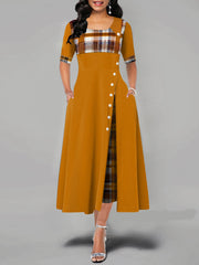Casual Plaid Patchwork Short Sleeve Splited Swing Hem Maxi Dress