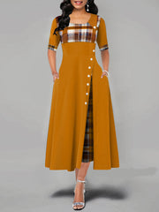 Casual Plaid Patchwork Short Sleeve Split Swing Hem Women Maxi Dress