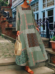 Bohemian Print Cotton Long Sleeve Vintage Women Maxi Dress