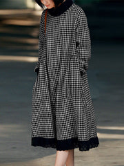 plaid-print-lace-patchwork-high-neck-long-sleeve-casual