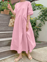 Casual Solid Color Round Neck Pleated Pocket Plain Maxi Dress