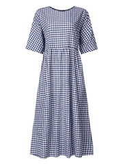Women Casual Loose Plaid Print O-Neck Half Sleeve Dress