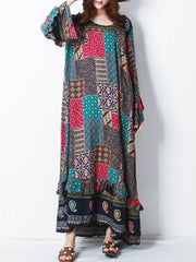 Retro Women Random Printed Patchwork Bohemian Maxi Dress