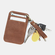 Men Genuine Leather Retro Mini License Card Wallet Card Case With Keychain Ring