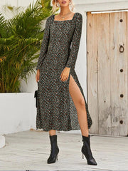 Square Neck High Split Floral Print Long Sleeve Casual Slim Fit Women Midi Dress