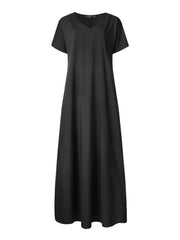 Simple Style Pure Color V-neck Short Sleeve Elegant Pockets Women Maxi Dress