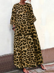 Women Leopard Print Casual Loose Dress with Pockets