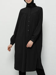 Pure Color Above Knee Length Pleaths Half Button Kaftan Robe Women Midi Dress
