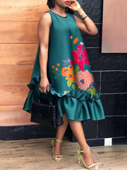 100%polyester Summer Holiday Printing Loose Women Midi Dress