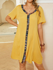 Women Patchwork V-Neck Button Down Front Short Sleeve Mini Dress