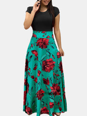 Print Patchwork O-neck Short Sleeve Women Maxi Dress